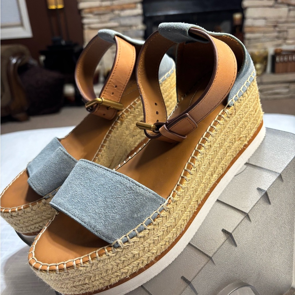 See By Chloe Blue and Tan Wedge Shoes with Moccasin Stitching